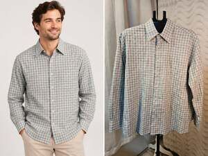 Alan Flusser Long Sleeve Button Down Shirt Size L Blue Brown Checked Cotton
